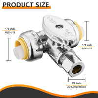 10 Pcs 1/2" Push Connect x 1/2" Push Connect x 3/8" OD Compr. Tee Stop Valve, 1/4 Turn (Lead Free) Plumbingsell