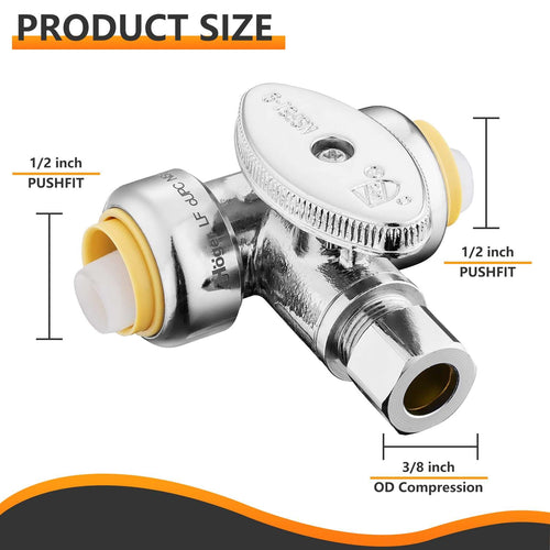 10 Pcs 1/2" Push Connect x 1/2" Push Connect x 3/8" OD Compr. Tee Stop Valve, 1/4 Turn (Lead Free) Plumbingsell
