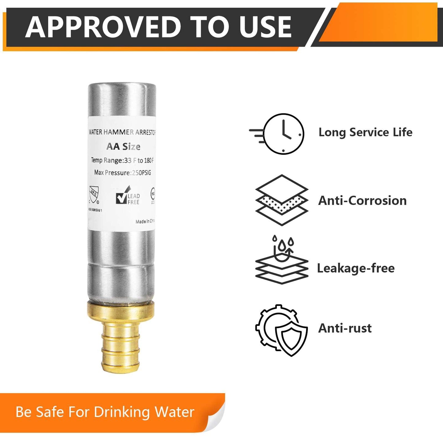 1/2" PEX Crimp Connection F1807, Straight Water Hammer Arrestor, Stainless Steel
