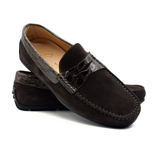 Zelli Italia 31-160-NIC MONZA Sueded Calfskin with Crocodile Driver, Nicotine