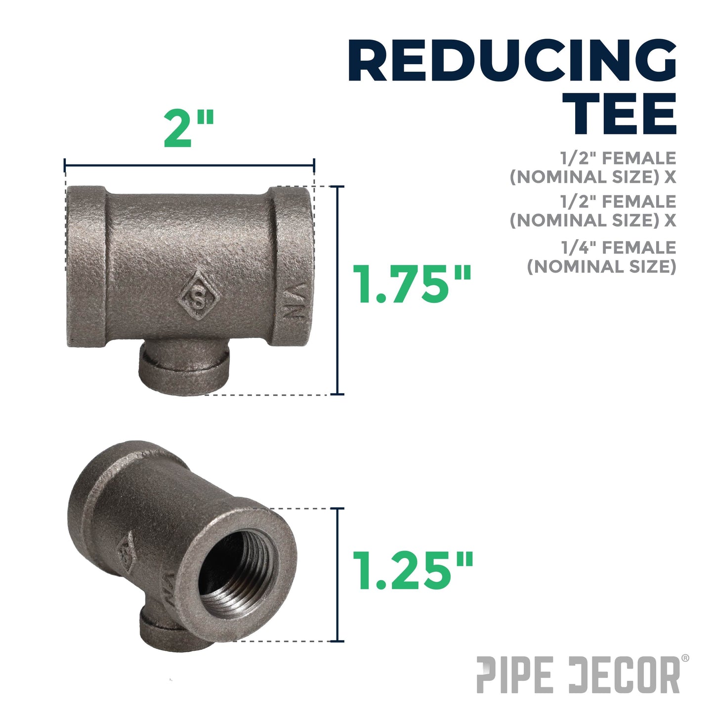 1/2 in. x 1/2 in. x 1/4 in. Black Reducing Tee PIPE DECOR