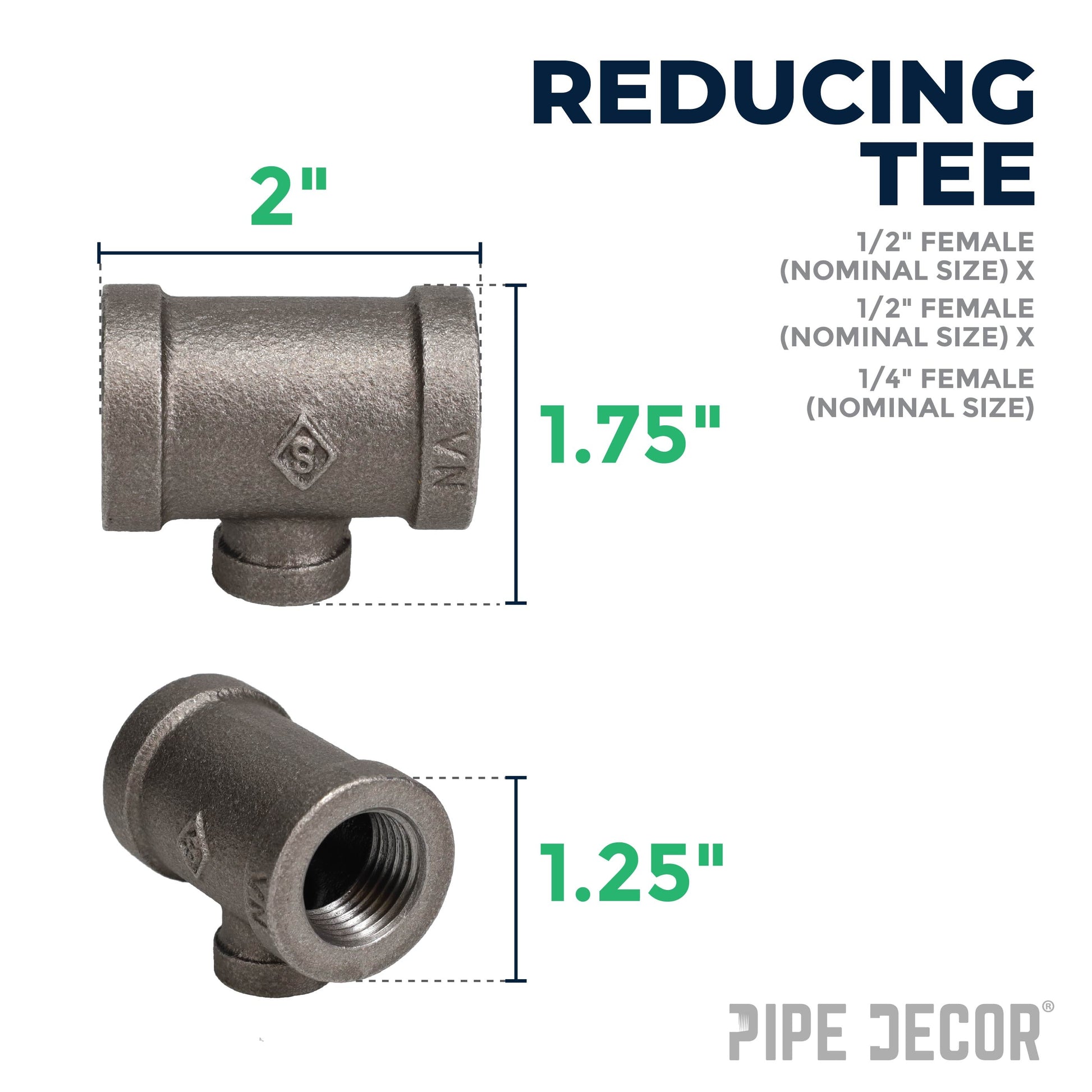 1/2 in. x 1/2 in. x 1/4 in. Black Reducing Tee PIPE DECOR