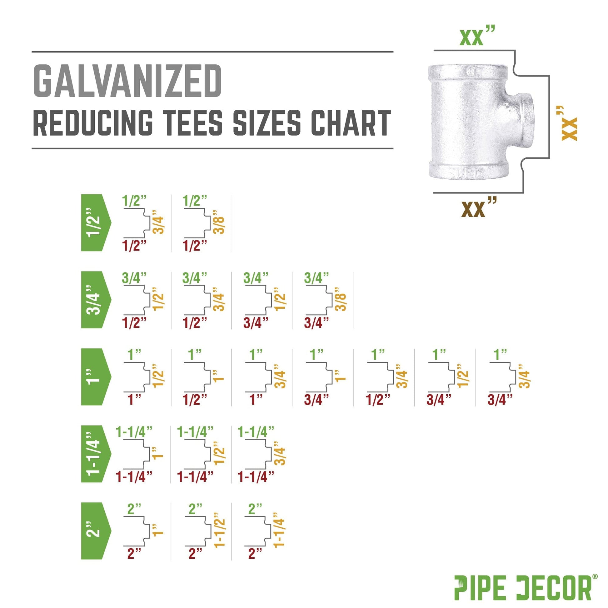 1/2 in. x 1/2 in. x 3/4 in. Galvanized Reducing Tee PIPE DECOR