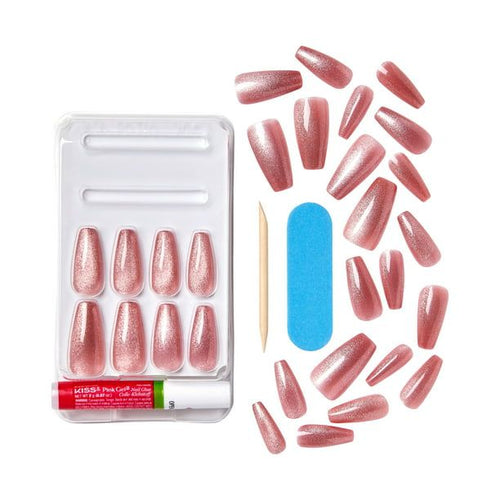 KISS Gel Fantasy Magnetic Long Coffin Gel Nails, Glossy Medium pink, 28 Count EasyOptionXY LLC