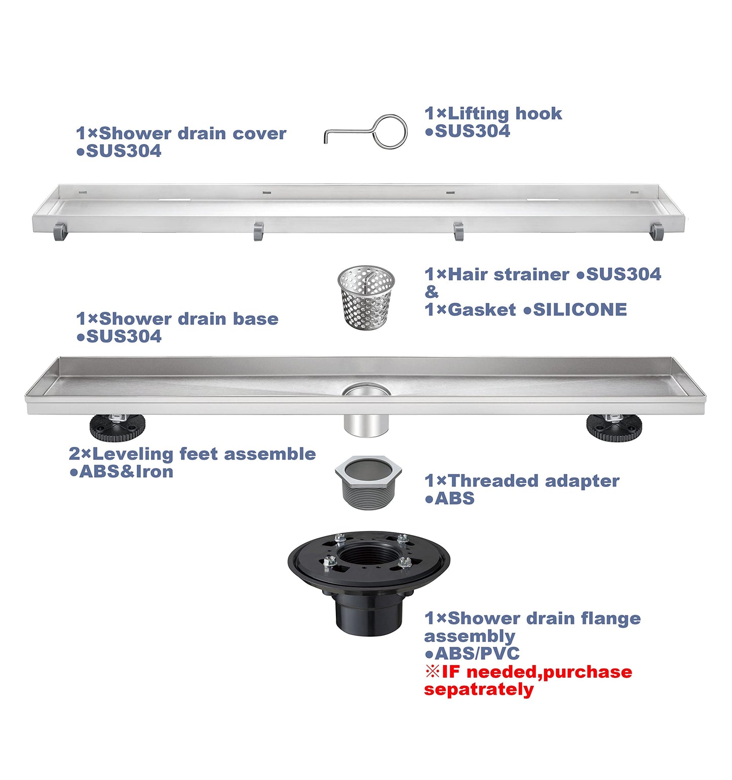 Linear Shower Drain 32" Comes with Matte Black Polished 2 in 1 Panels, Tile Insert Shower Drain, Equipped with Adjustableft,Hair Filters