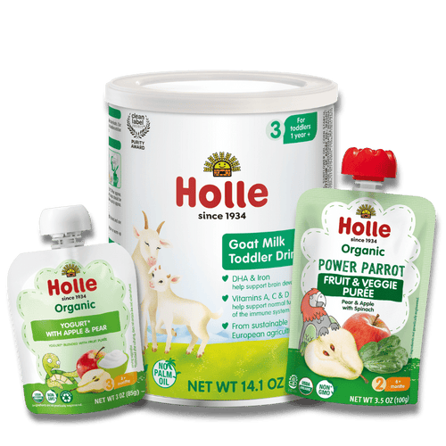 Goat & Greens Variety Bundle: Goat Milk, Power Parrot, Apple & Pear Yogurt Holle USA