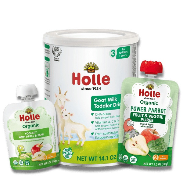 Goat & Greens Variety Bundle: Goat Milk, Power Parrot, Apple & Pear Yogurt Holle USA