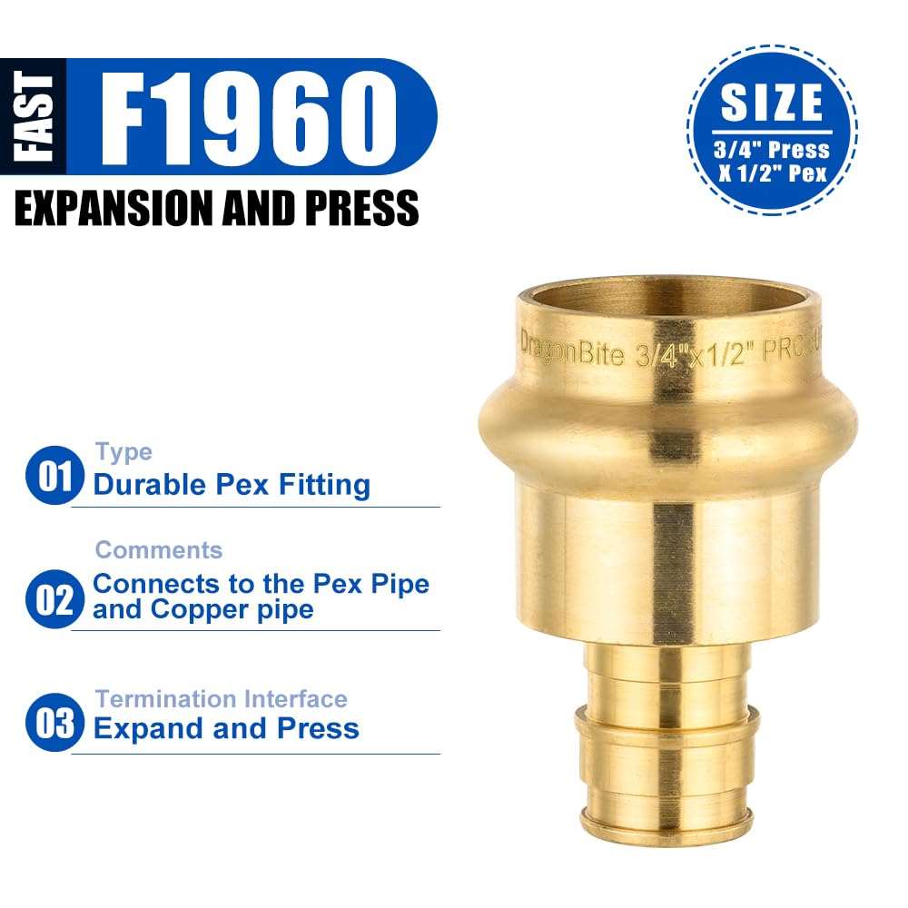 Pro 10-Pack 3/4" Press x 1/2" PEX Expansion Brass Adapter (Lead Free)