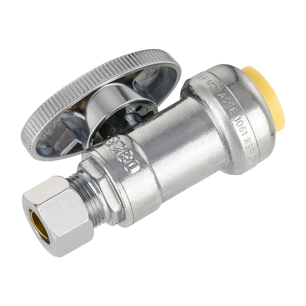 1/2" Push Connect x 3/8" OD Push Fit Straight Stop Valve, 1/4 Turn (Lead Free)