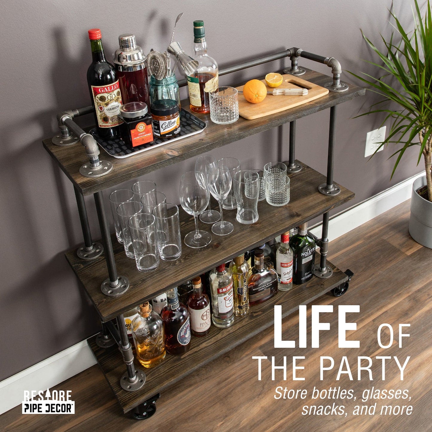 Three-tier Wood Shelf Industrial Bar Cart with Locking Wheels, Boulder Black