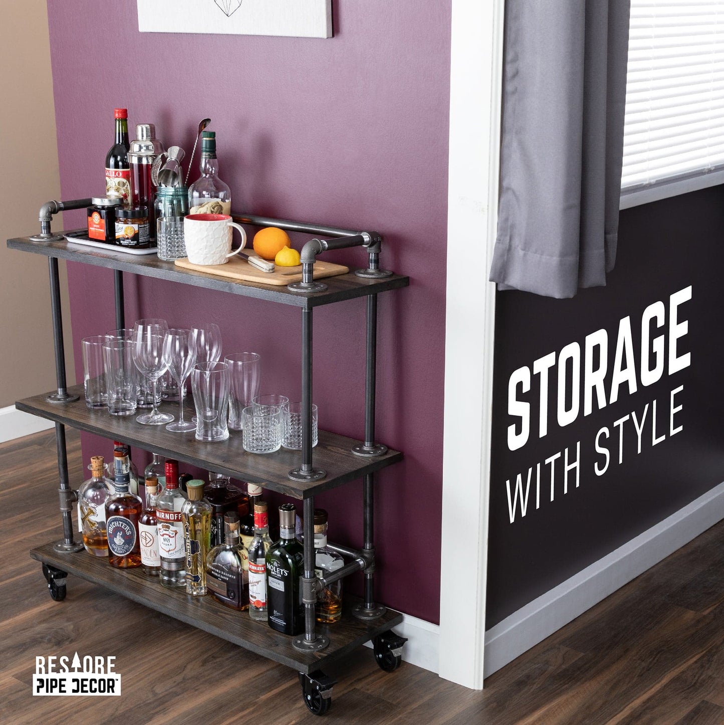 Three-tier Wood Shelf Industrial Bar Cart with Locking Wheels, Boulder Black