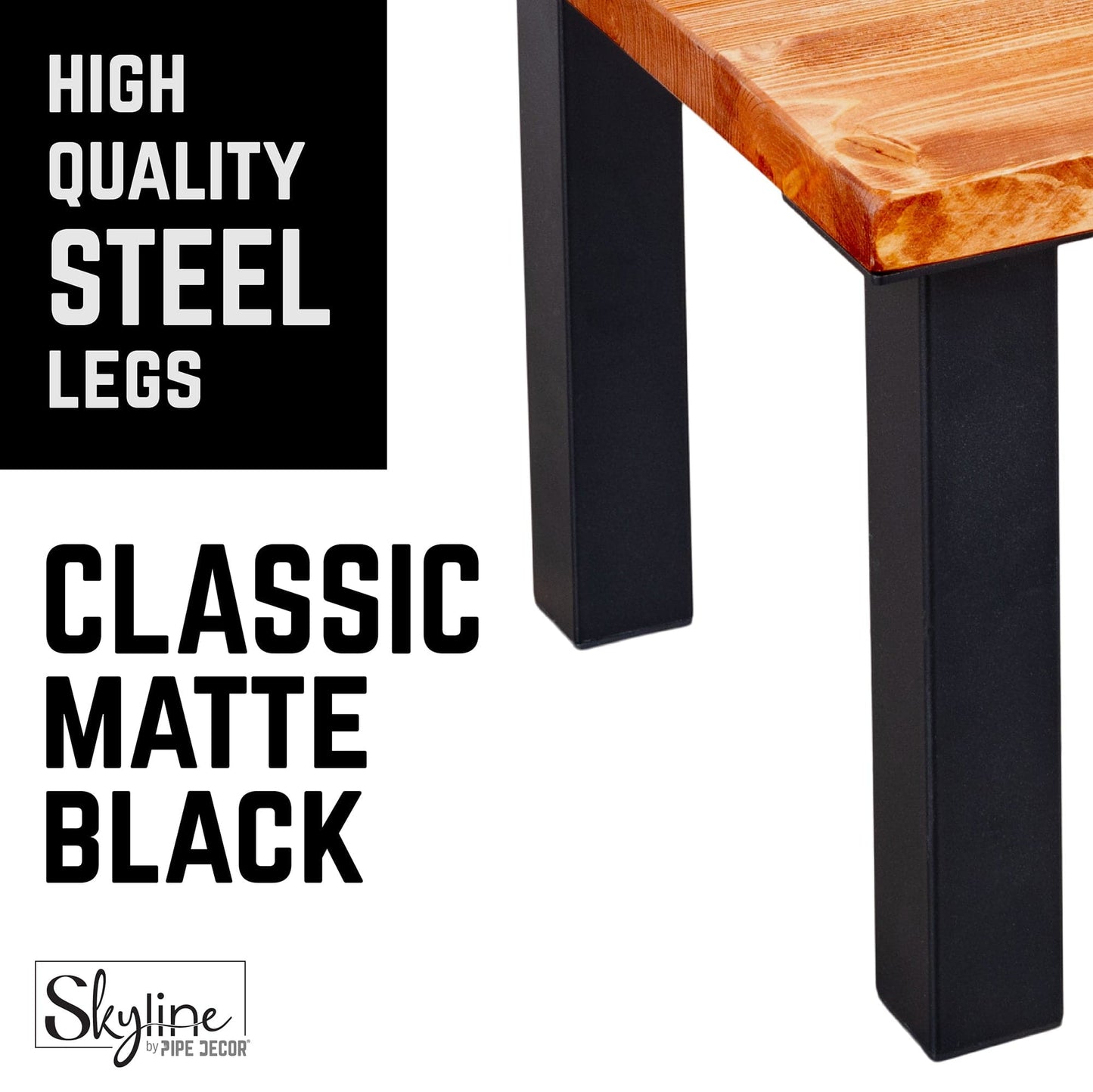 18 in. Skyline Matte Black Square Metal High-Rise Coffee or End Table Legs - 4 Pack