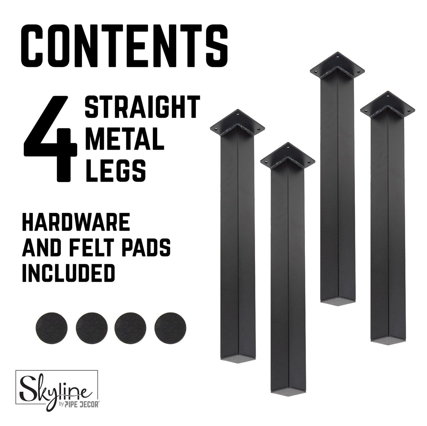 18 in. Skyline Matte Black Square Metal High-Rise Coffee or End Table Legs - 4 Pack