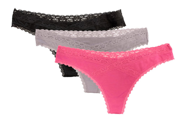 V-Front Modal Thong with Lace 3 Pack Love Libby Panties
