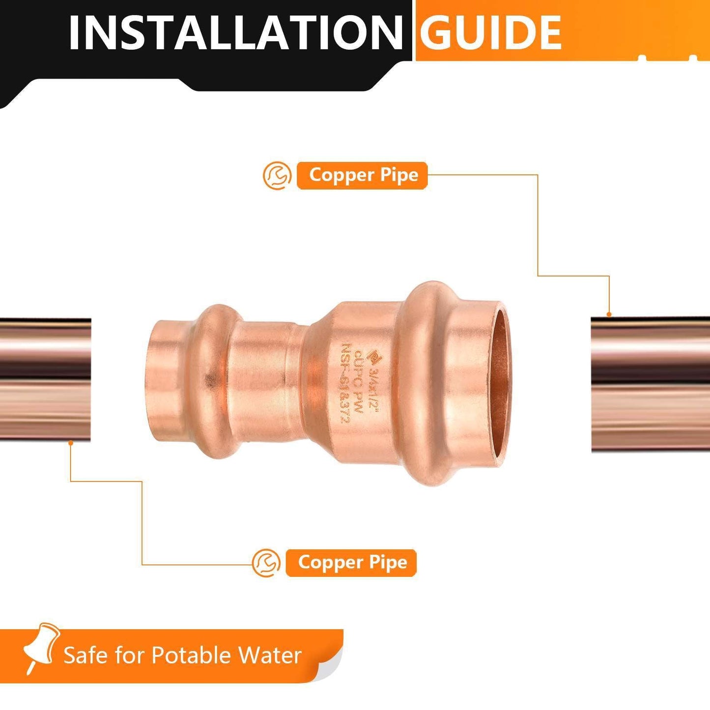 3/4" x 1/2" Copper Press x Press Coupling NO Stop (Lead Free)