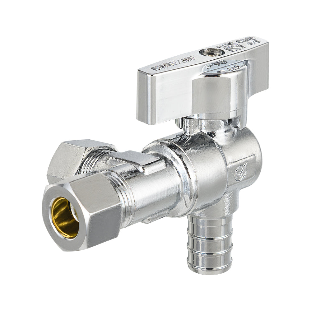 10 Pcs 1/2" PEX Crimp x 3/8" ODx 3/8" OD Compr. Split Angle Stop Valve, Quarter Turn (Lead Free)