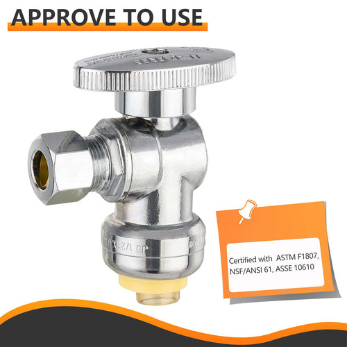 1/2" Push Connect x 3/8" OD Compr. Angle Stop Valve, 1/4 Turn (Lead Free)