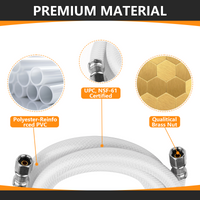 8ft Fridge Ice Maker Water Connector Line, Polyester Reinforced PVC, 1/4" Comp By 1/4" Comp Connection, White