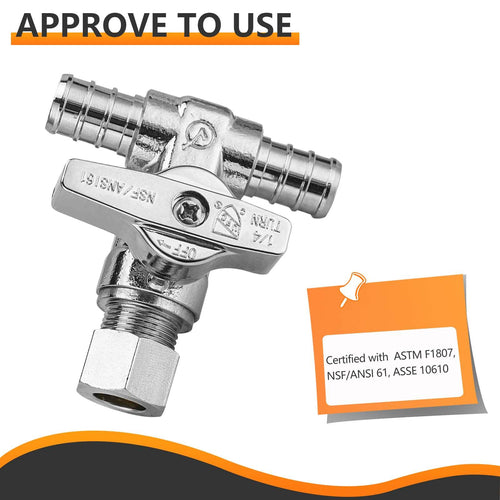 10 Pcs 1/2" PEX Crimp x 1/2" PEX Crimp x 3/8" OD Compr. Tee Stop Valve, 1/4 Turn (Lead Free) Plumbingsell