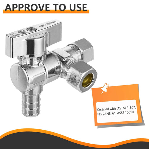 1/2" PEX Crimp x 3/8" ODx 3/8" OD Compr. Split Angle Stop Valve, Quarter Turn (Lead Free) Plumbingsell