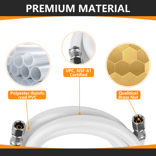 10ft Fridge Ice Maker Water Connector Line, Polyester Reinforced PVC, 1/4" Comp by 1/4" Comp Connection, White