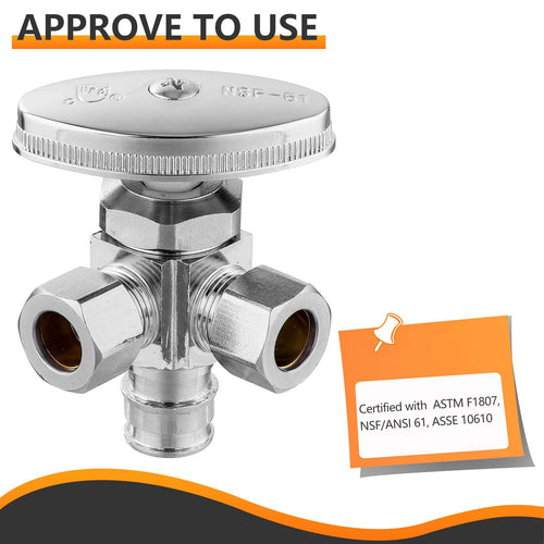 1/2" Pex-a Expansion (F1960) Inlet x 3/8" ODx 3/8" OD Compr. Dual Angle Stop Valve, Multi Turn (Lead Free) Plumbingsell