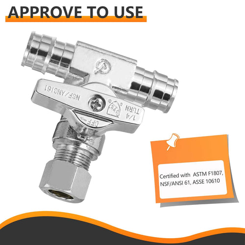1/2" PEX Expansion x 1/2" PEX Expansion x 3/8" OD Compr. Tee Stop Valve, 1/4 Turn (Lead Free) Plumbingsell