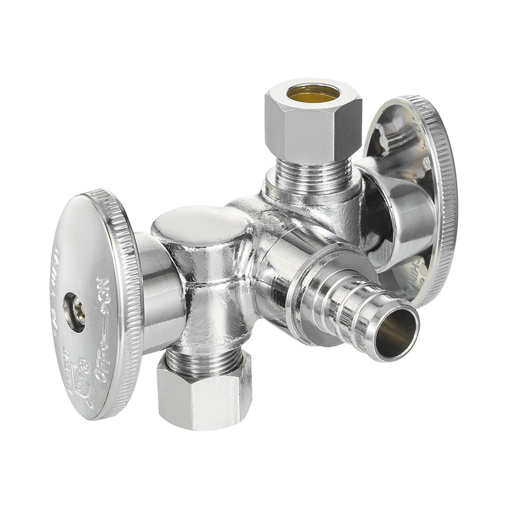 10 Pcs 1/2" PEX Crimp x 3/8" OD Compr. x 3/8" OD Compr. Dual Stop Valve, 1/4 Turn (Lead Free)