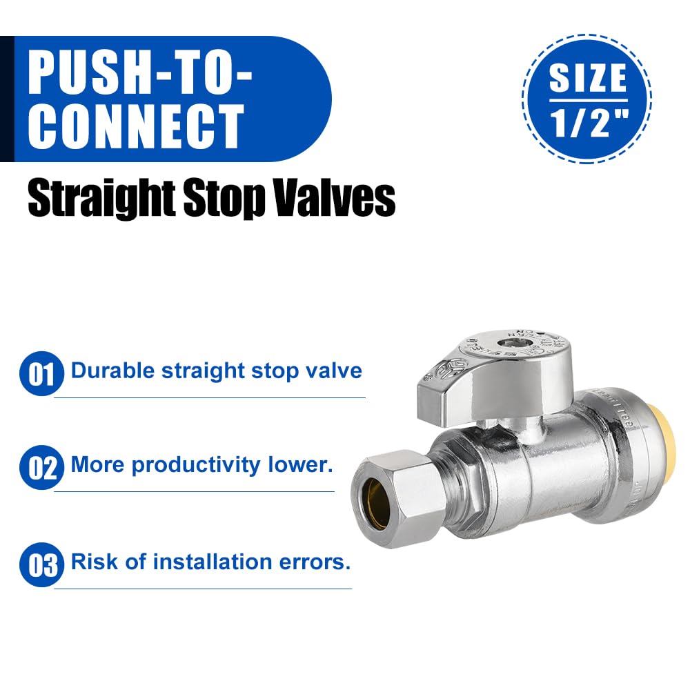 10 Pcs 1/2" Push Connect x 3/8" Compr. Straight Stop Valve, New Handle, 1/4 Turn (Lead Free)