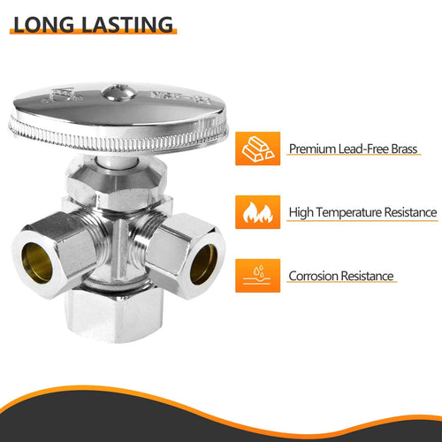 10 Pcs 5/8" OD Compr. x 3/8" OD Compr. x 3/8" OD Compr. Dual Angle Stop Valve, Multi Turn(Lead Free) Plumbingsell
