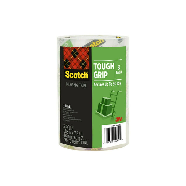 Scotch Tough Grip Packaging Tape 3 Rolls, Clear, 1.88in x 65.6yds Each, 196.9yds Total EasyOptionXY LLC