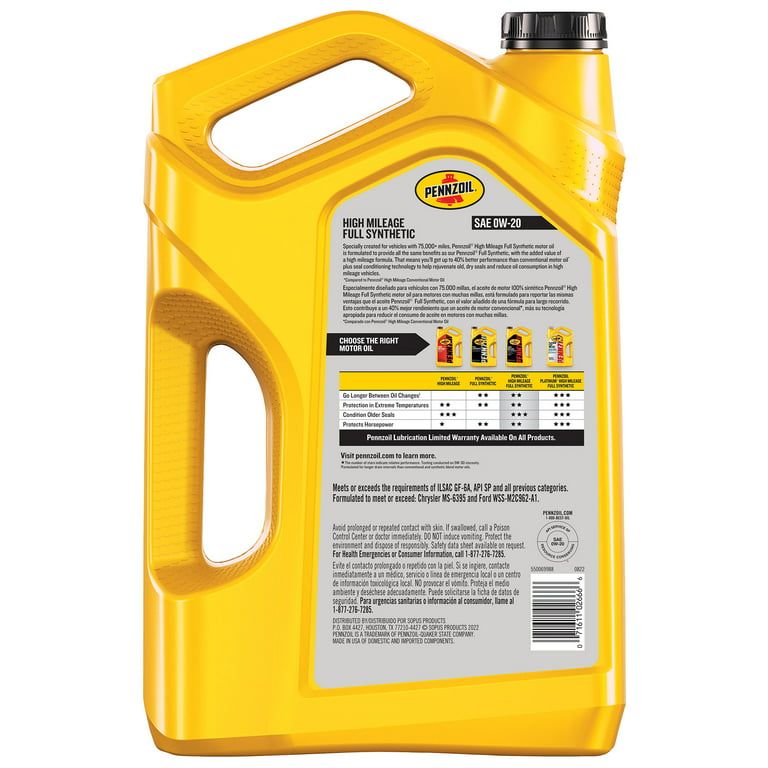 Pennzoil Full Synthetic High Mileage 0W-20 Motor Oil, 5 Quart EasyOptionXY LLC