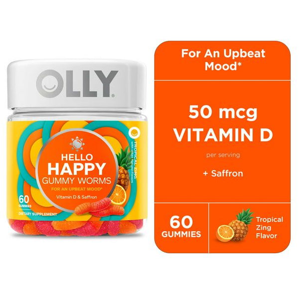 OLLY Hello Happy Gummy Worms, Mood Balance Support Supplement, Vitamin D, Tropical, 60 Count EasyOptionXY LLC