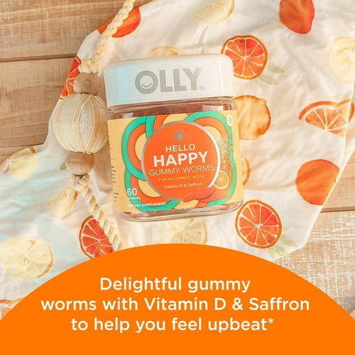 OLLY Hello Happy Gummy Worms, Mood Balance Support Supplement, Vitamin D, Tropical, 60 Count EasyOptionXY LLC