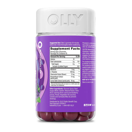 OLLY Sleep Gummy Supplement, 3mg Melatonin, L Theanine, Chamomile, Blackberry, 90 Count EasyOptionXY LLC