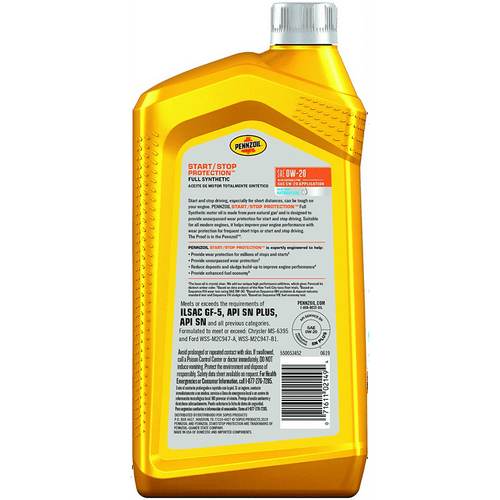 Pennzoil Start/Stop Protection Full Synthetic 0W-20 Motor Oil, 1 Quart EasyOptionXY LLC
