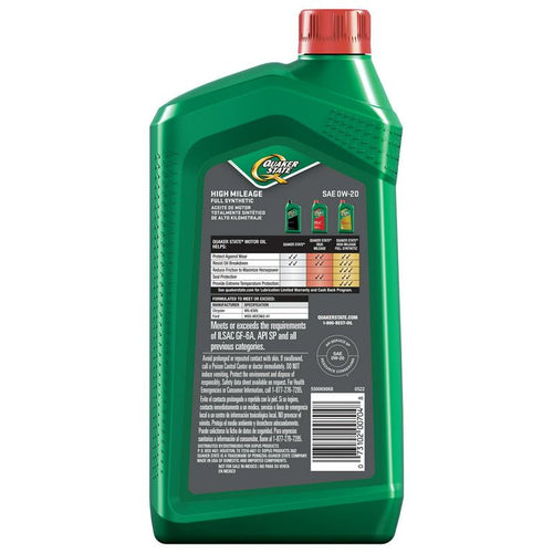 Quaker State Full Synthetic Dexos High Mileage 0W-20 Motor Oil, 1 Quart EasyOptionXY LLC