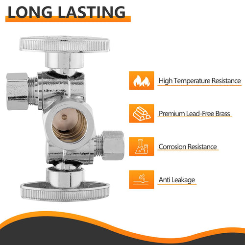 5/8" ODx 3/8" OD Compr. x 1/4" OD Compr. Dual Stop Valve, 1/4 Turn (Lead Free) Plumbingsell