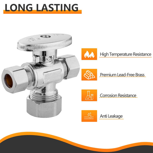 10 Pcs 5/8" OD Compr. x 3/8" OD Compr. x 3/8" OD Compr. Dual Outlet Angle Stop Valve, 1/4 Turn (Lead Free) Plumbingsell