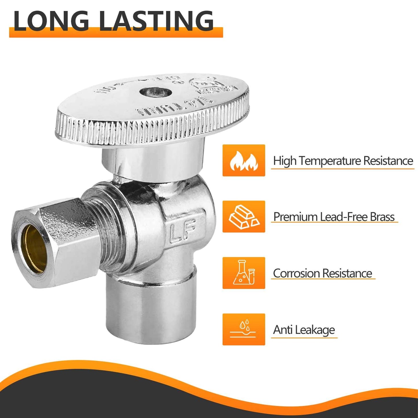 10 Pcs 1/2" Sweat x 3/8" OD Compr. Angle Stop Valve, 1/4 Turn (Lead Free)