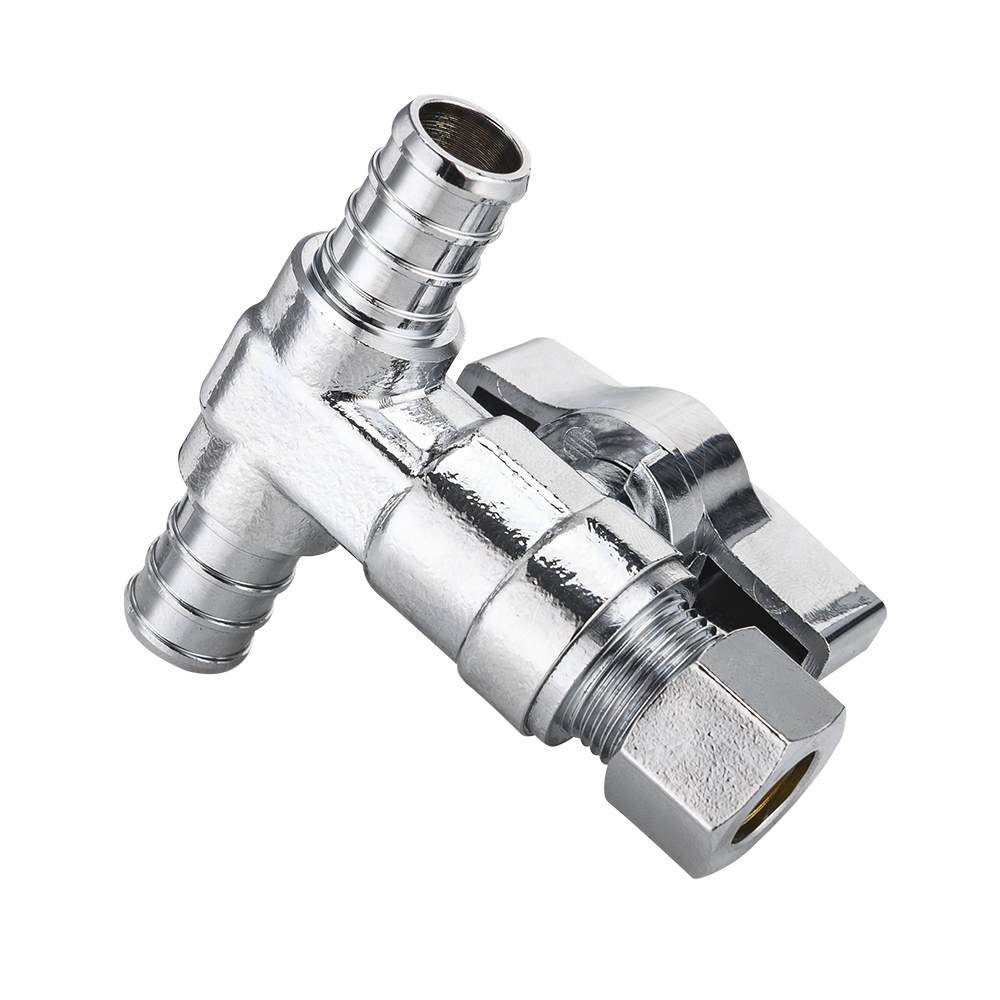 10 Pcs 1/2" PEX Crimp x 1/2" PEX Crimp x 3/8" OD Compr. Tee Stop Valve, 1/4 Turn (Lead Free)