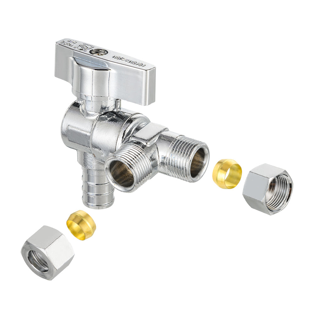 10 Pcs 1/2" PEX Crimp x 3/8" ODx 3/8" OD Compr. Split Angle Stop Valve, Quarter Turn (Lead Free)