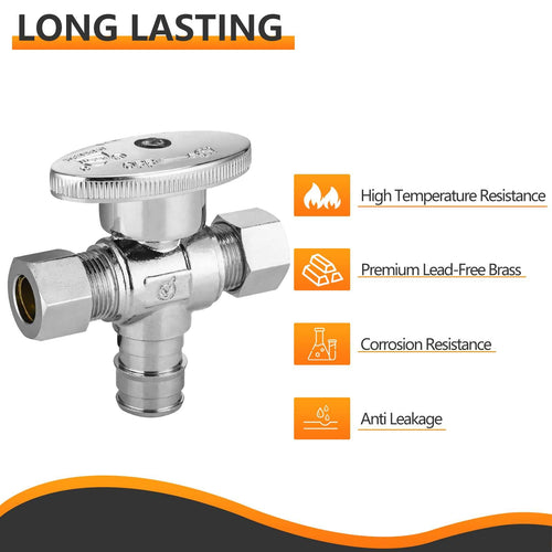10 Pcs 1/2" PEX Expansion x 3/8" OD Compr. x 3/8" OD Compr. Dual Outlet Angle Stop Valve, 1/4 Turn (Lead Free) Plumbingsell