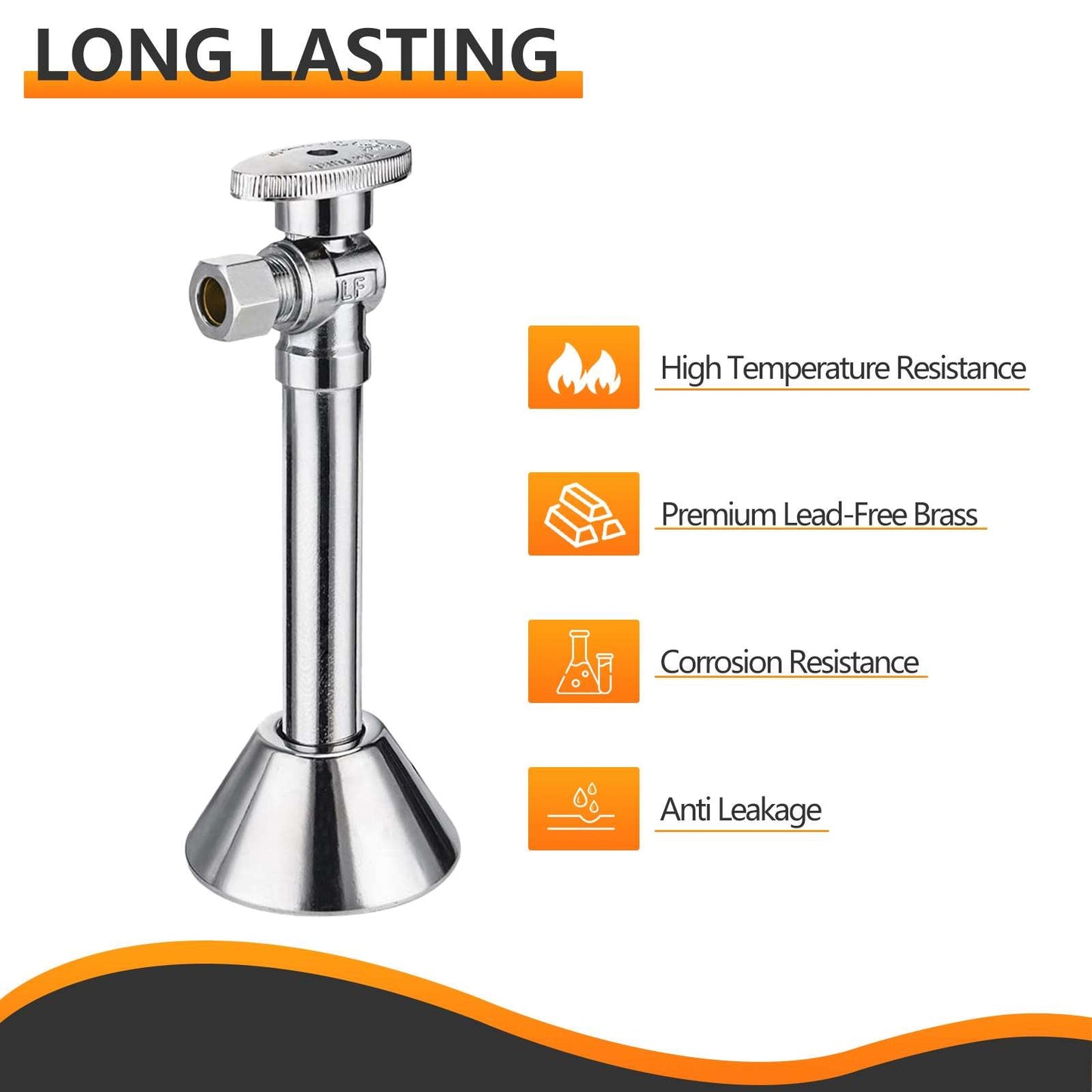 10 Pcs 1/2" Sweat x 3/8" OD Compr. Angle Stop Valve, w/5" Angle Extension, 1/4-Turn (Lead Free)