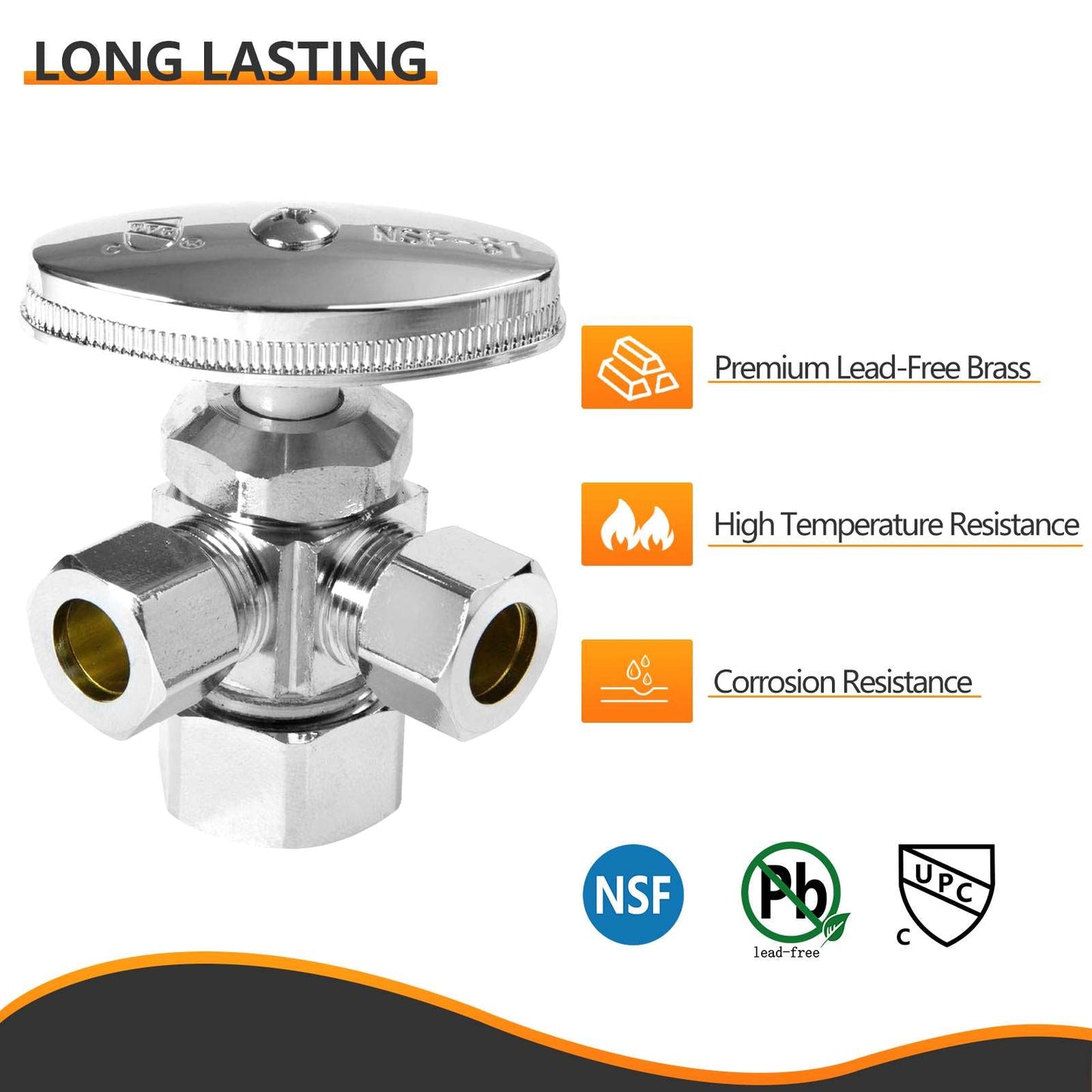 10 Pcs 5/8" OD Compr. x 3/8" OD Compr. x 3/8" OD Compr. Dual Angle Stop Valve, Multi Turn(Lead Free)