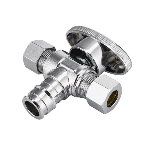 10 Pcs 1/2" PEX Expansion x 3/8" OD Compr. x 3/8" OD Compr. Dual Outlet Angle Stop Valve, 1/4 Turn (Lead Free) Plumbingsell