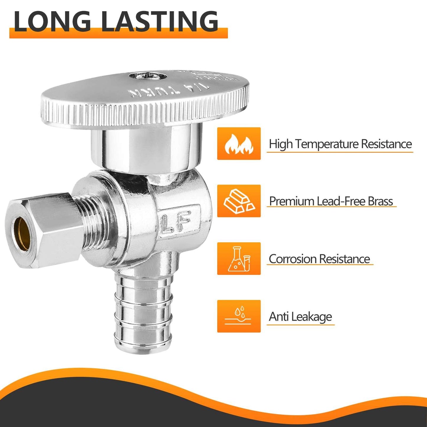 10 Pcs 1/2" PEX Crimp x 1/4" OD Compr. Angle Stop Valve, 1/4 Turn (Lead Free)