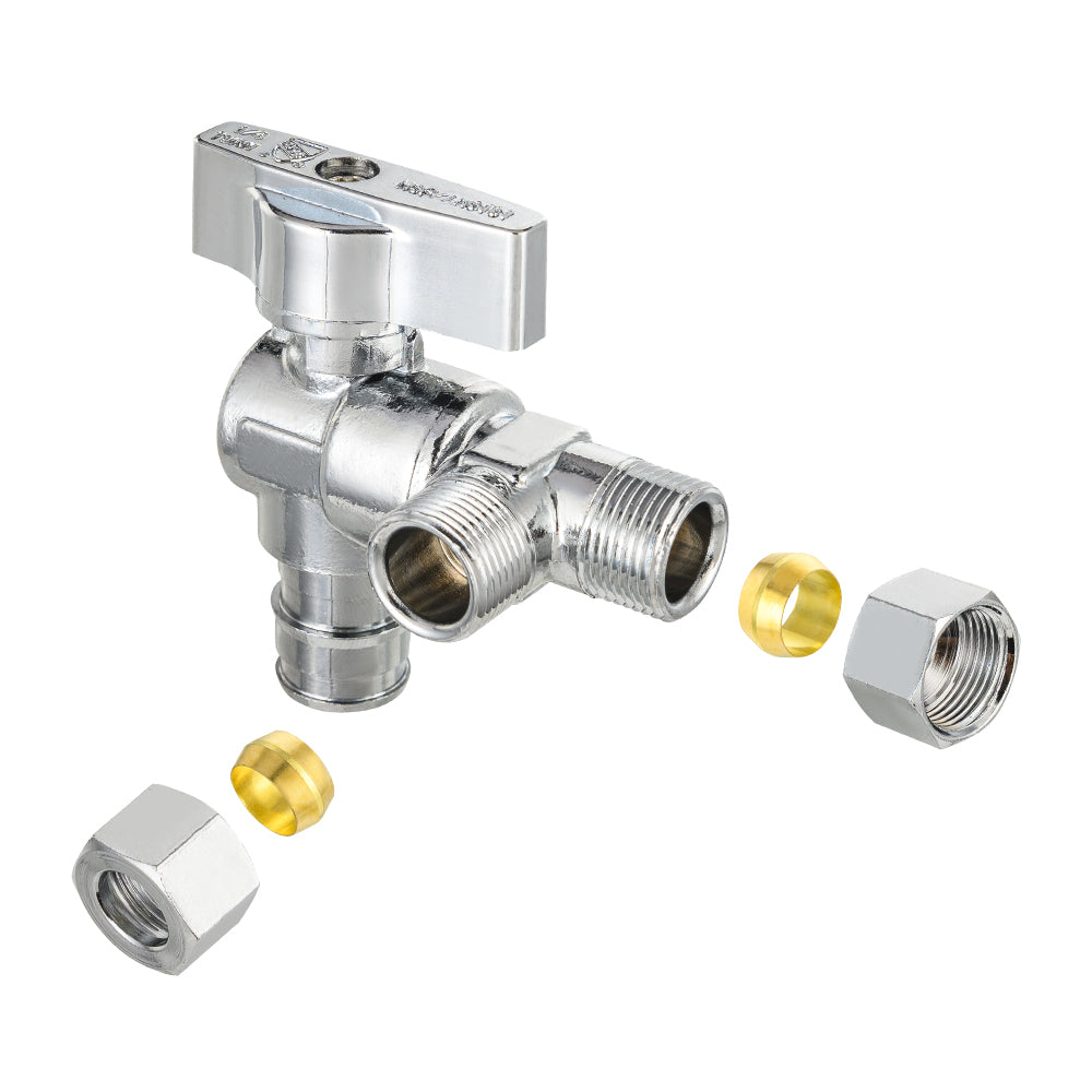 10 Pcs 1/2" Pex-a Expansion (F1960) Inlet x 3/8" OD Compr. x 3/8" OD Compr. Split, Angle Stop Valve, Quarter Turn (Lead Free)