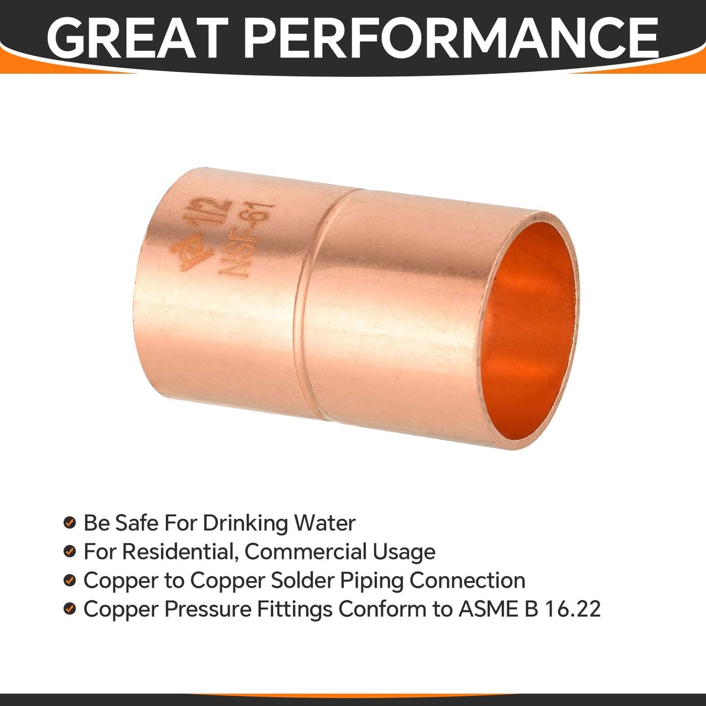Pro 50 Pack 1/2" Copper Coupling With Rolled Stop