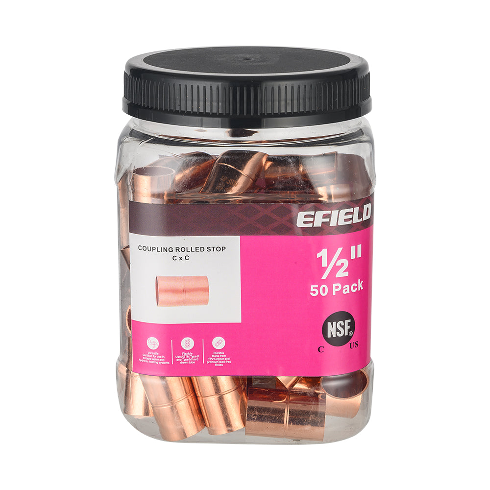 Pro 50 Pack 1/2" Copper Coupling With Rolled Stop